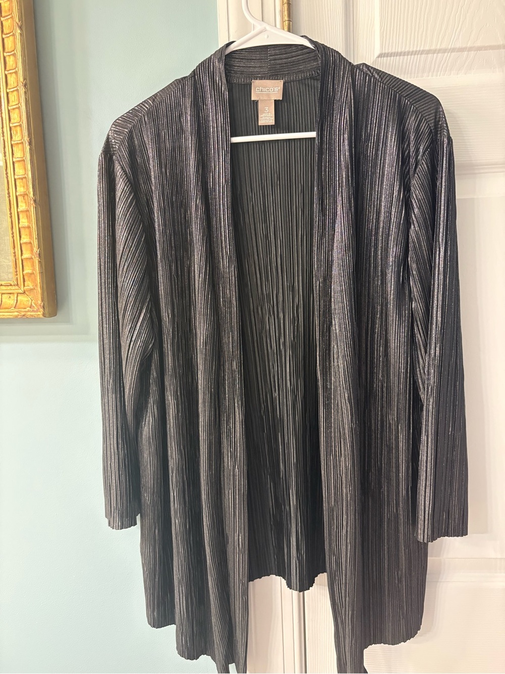 Chico's Metallic Pleated Open Front Cardigan - Black